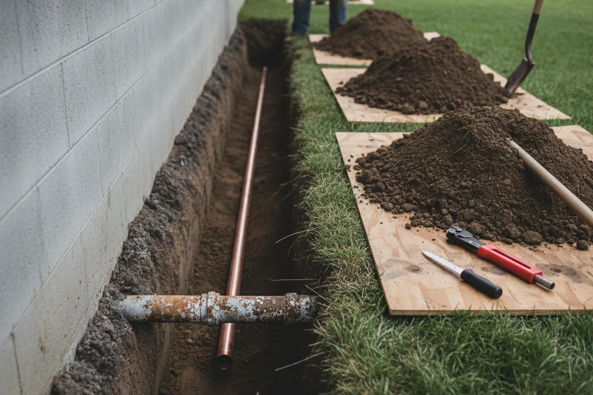 Excavated water line trench during Sewer Line Repair in Del Valle